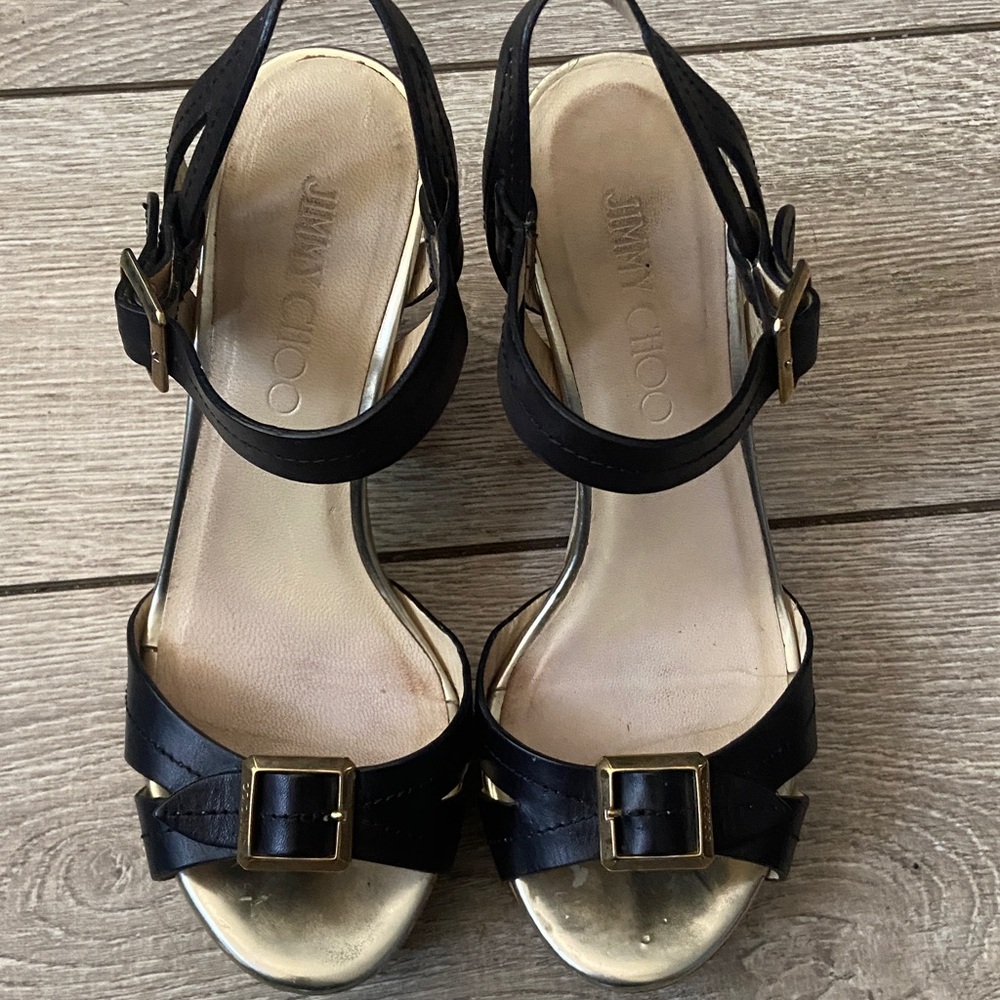 Jimmy Choo Black Leather Cork Platform Sandals with Gold Hardware - Picture 2 of 6